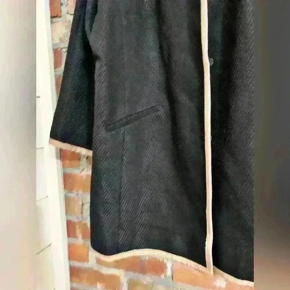 Talbots Long Black Jewel Neck Camel Trim Lined Jacket size 14 Petite - Picture 6 of 8